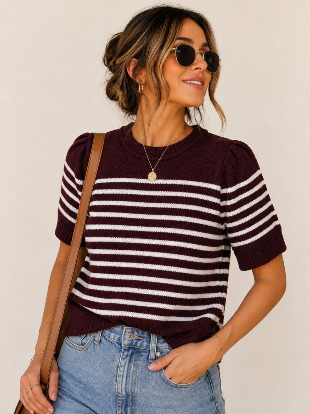 Liz Claiborne Y2K Retro Preppy Striped Puffed Short Sleeve Pullover  Sweater XL